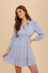 Soft Blue Tie Waist Stripe Shirt Dress