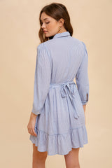 Soft Blue Tie Waist Stripe Shirt Dress