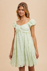 Mint Green Floral Lace Embroidered Puff Sleeve Dress