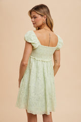 Mint Green Floral Lace Embroidered Puff Sleeve Dress