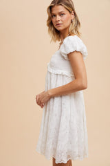 White Floral Lace Embroidered Puff Sleeve Dress