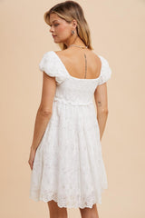 White Floral Lace Embroidered Puff Sleeve Dress