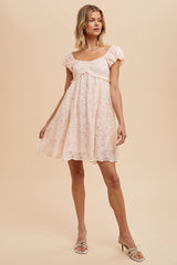 Light Pink Floral Lace Embroidered Puff Sleeve Dress