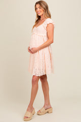 Light Pink Floral Lace Embroidered Puff Sleeve Maternity Dress