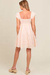 Light Pink Floral Lace Embroidered Puff Sleeve Maternity Dress