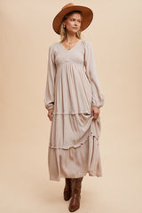 Beige Smocked V-Neck Ruffle Tiered Maxi Dress