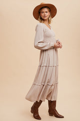 Beige Smocked V-Neck Ruffle Tiered Maxi Dress