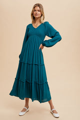 Emerald Smocked Tiered Midi Dress