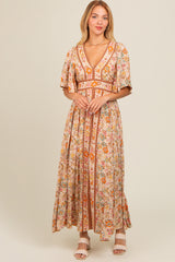 Ivory Floral Border Print Flutter Sleeve Maxi Dress