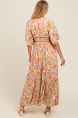 Ivory Floral Border Print Flutter Sleeve Maxi Dress