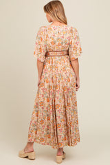 Ivory Floral Border Print Flutter Sleeve Maternity Maxi Dress