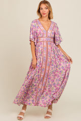 Light Pink Floral Border Print Flutter Sleeve Maternity Maxi Dress