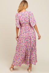 Light Pink Floral Border Print Flutter Sleeve Maxi Dress