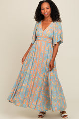 Blue Floral Border Print Flutter Sleeve Maternity Maxi Dress