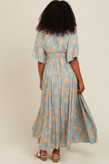 Blue Floral Border Print Flutter Sleeve Maxi Dress