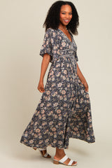 Navy Blue Floral Border Print Flutter Sleeve Maxi Dress