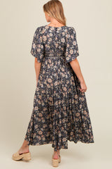 Navy Blue Floral Border Print Flutter Sleeve Maternity Maxi Dress