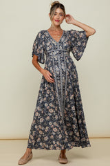 Navy Blue Floral Border Print Flutter Sleeve Maternity Maxi Dress