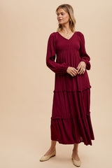 Burgundy Smocked Tiered Maternity Midi Dress