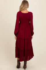 Burgundy Smocked Tiered Maternity Midi Dress