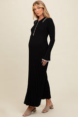 Black Ribbed Knit Collared Button Up Maternity Maxi Dress