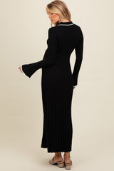 Black Ribbed Knit Collared Button Up Maternity Maxi Dress