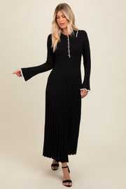 Black Ribbed Knit Collared Button Up Maxi Dress