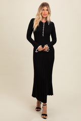 Black Ribbed Knit Collared Button Up Maxi Dress