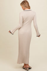 Beige Ribbed Knit Collared Button Up Maternity Maxi Dress