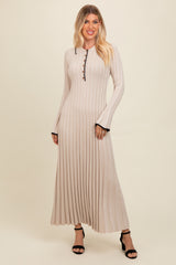 Beige Ribbed Knit Collared Button Up Maxi Dress