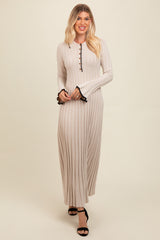 Beige Ribbed Knit Collared Button Up Maxi Dress