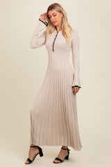 Beige Ribbed Knit Collared Button Up Maxi Dress