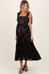 Black Velvet Lace Shoulder Bow Maternity Maxi Dress