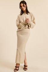 Beige Knit Asymmetrical Top Midi Skirt Maternity Set