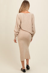 Beige Knit Asymmetrical Top Midi Skirt Maternity Set