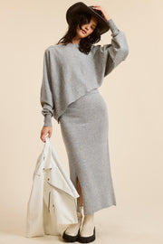 Heather Grey Knit Asymmetrical Top Midi Skirt Set