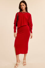 Red Knit Asymmetrical Top Midi Skirt Set