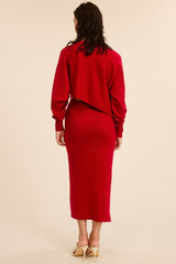 Red Knit Asymmetrical Top Midi Skirt Set