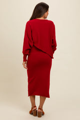 Red Knit Asymmetrical Top Midi Skirt Maternity Set