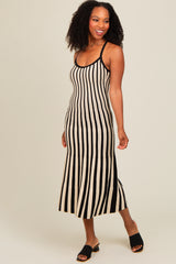 Black Striped Knit Fitted Midi Dress