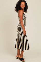 Black Striped Knit Fitted Midi Dress