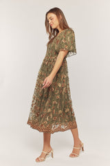 Olive Floral Embroidered Mesh Overlay Midi Dress