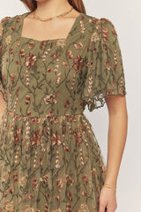 Olive Floral Embroidered Mesh Overlay Midi Dress