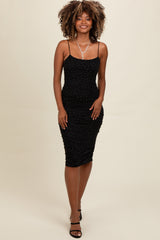 Black Rhinestone Sleeveless Ruched Mesh Midi Dress