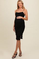 Black Rhinestone Sleeveless Ruched Mesh Maternity Midi Dress