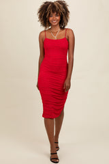 Red Rhinestone Sleeveless Ruched Mesh Midi Dress