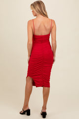 Red Rhinestone Sleeveless Ruched Mesh Maternity Midi Dress