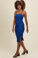 Royal Blue Rhinstone Sleeveless Ruched Mesh Midi Dress