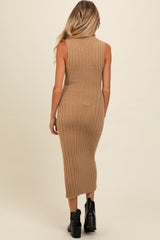 Taupe Fuzzy Knit Sleeveless Turtle Neck Maternity Midi Dress