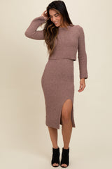 Taupe Textured Knit Long Sleeve Top and Skirt Set